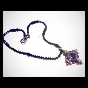 Black jade silver cross with black crystal beads